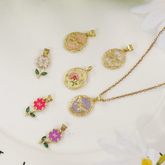 Imagen de 2 Unidades Latón Colgantes Chapado en Oro de 18K Multicolor Esmalte Flor Mariposa