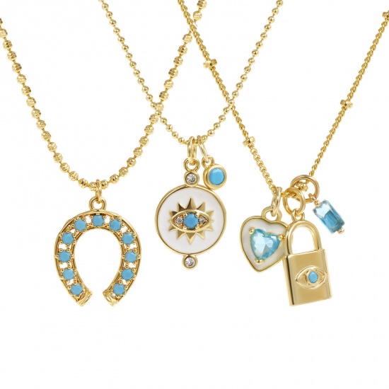 Изображение 18K Real Gold Plated Pendant Charm Necklace, Brass 45cm(17.7") + 5cm(2"), For Women, Blue Cubic Zirconia Retro Gift, Eco-friendly, 1 Piece