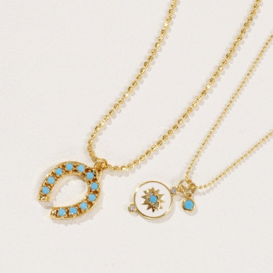Изображение 18K Real Gold Plated Pendant Charm Necklace, Brass 45cm(17.7") + 5cm(2"), For Women, Blue Cubic Zirconia Retro Gift, Eco-friendly, 1 Piece