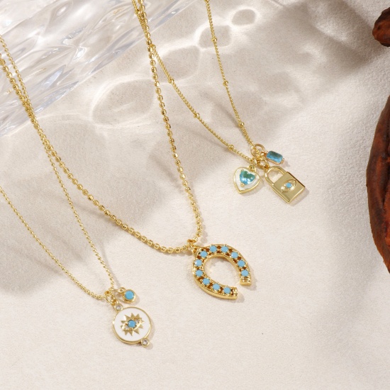 Изображение 18K Real Gold Plated Pendant Charm Necklace, Brass 45cm(17.7") + 5cm(2"), For Women, Blue Cubic Zirconia Retro Gift, Eco-friendly, 1 Piece