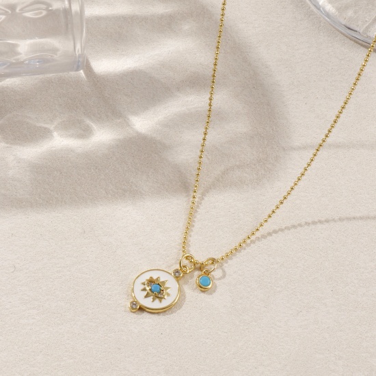 Изображение 18K Real Gold Plated Pendant Charm Necklace, Brass 45cm(17.7") + 5cm(2"), For Women, Blue Cubic Zirconia Retro Gift, Eco-friendly, 1 Piece