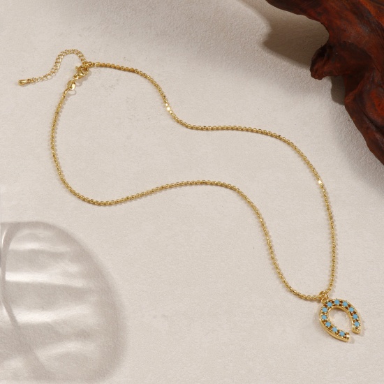 Изображение 18K Real Gold Plated Pendant Charm Necklace, Brass 45cm(17.7") + 5cm(2"), For Women, Blue Cubic Zirconia Retro Gift, Eco-friendly, 1 Piece