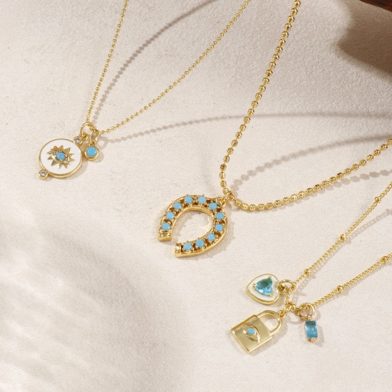 Изображение 18K Real Gold Plated Pendant Charm Necklace, Brass 45cm(17.7") + 5cm(2"), For Women, Blue Cubic Zirconia Retro Gift, Eco-friendly, 1 Piece