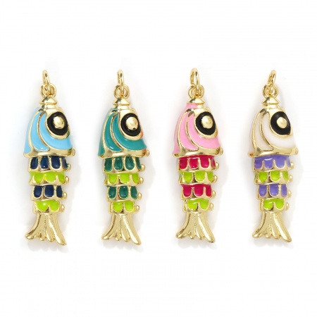 Eco-friendly Brass Ocean Jewelry Pendants 18K Real Gold Plated Multicolor Enamel Fish Animal 3D 3.3cm x 1cm