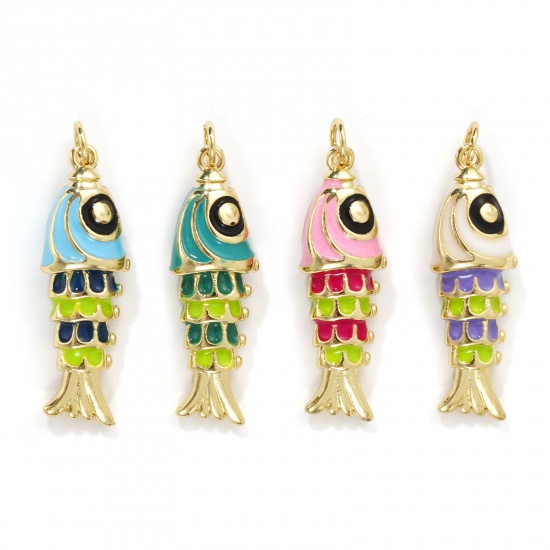 Imagen de 1 Piece Eco-friendly Brass Ocean Jewelry Pendants 18K Real Gold Plated Multicolor Enamel Fish Animal 3D 3.3cm x 1cm