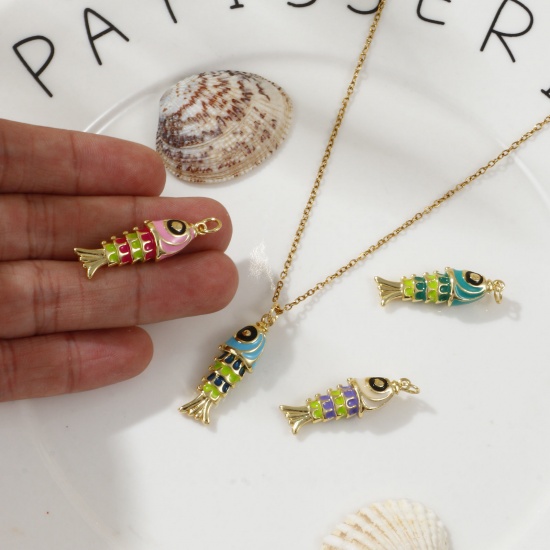 Imagen de 1 Piece Eco-friendly Brass Ocean Jewelry Pendants 18K Real Gold Plated Multicolor Enamel Fish Animal 3D 3.3cm x 1cm