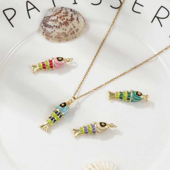 Imagen de 1 Piece Eco-friendly Brass Ocean Jewelry Pendants 18K Real Gold Plated Multicolor Enamel Fish Animal 3D 3.3cm x 1cm