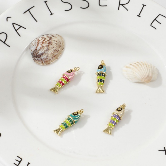 Imagen de 1 Piece Eco-friendly Brass Ocean Jewelry Pendants 18K Real Gold Plated Multicolor Enamel Fish Animal 3D 3.3cm x 1cm
