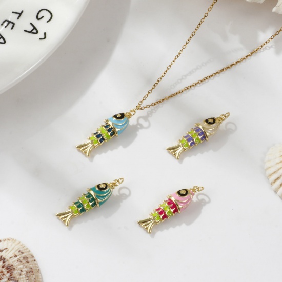 Imagen de 1 Piece Eco-friendly Brass Ocean Jewelry Pendants 18K Real Gold Plated Multicolor Enamel Fish Animal 3D 3.3cm x 1cm