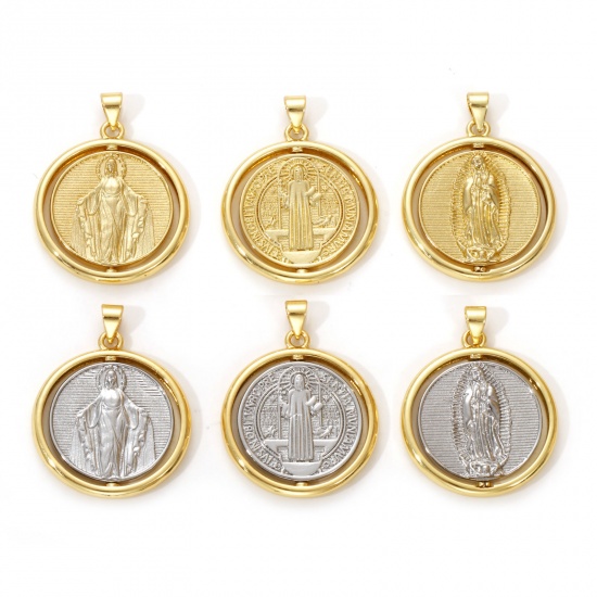Bild von 1 Piece Eco-friendly Brass Religious Pendants Real Gold Plated Round St. Benedict Medal Rotatable 3.2cm x 2.5cm