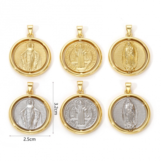 Bild von 1 Piece Eco-friendly Brass Religious Pendants Real Gold Plated Round St. Benedict Medal Rotatable 3.2cm x 2.5cm