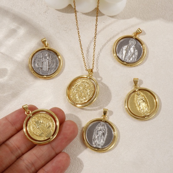 Bild von 1 Piece Eco-friendly Brass Religious Pendants Real Gold Plated Round St. Benedict Medal Rotatable 3.2cm x 2.5cm