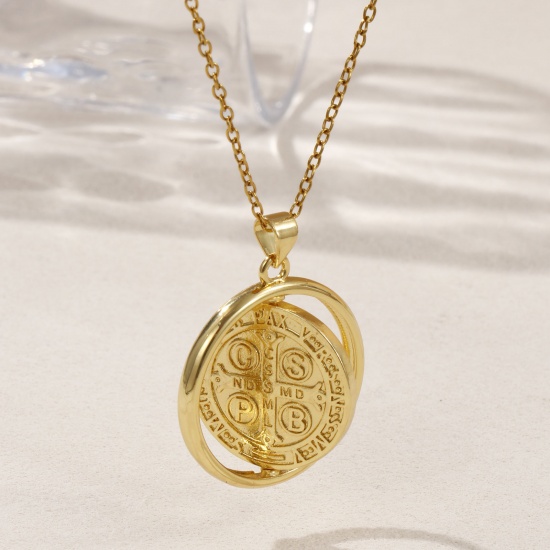 Bild von 1 Piece Eco-friendly Brass Religious Pendants Real Gold Plated Round St. Benedict Medal Rotatable 3.2cm x 2.5cm