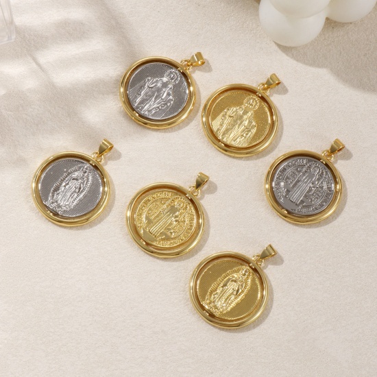 Bild von 1 Piece Eco-friendly Brass Religious Pendants Real Gold Plated Round St. Benedict Medal Rotatable 3.2cm x 2.5cm