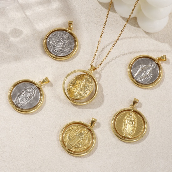 Bild von 1 Piece Eco-friendly Brass Religious Pendants Real Gold Plated Round St. Benedict Medal Rotatable 3.2cm x 2.5cm