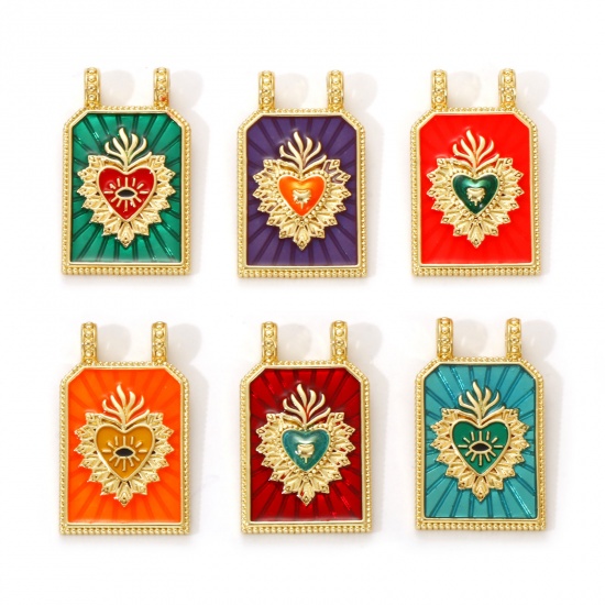 Image de 1 Piece Eco-friendly Brass Religious Charms 18K Real Gold Plated Enamel Hexagon Ex Voto Heart 29mm x 17.5mm