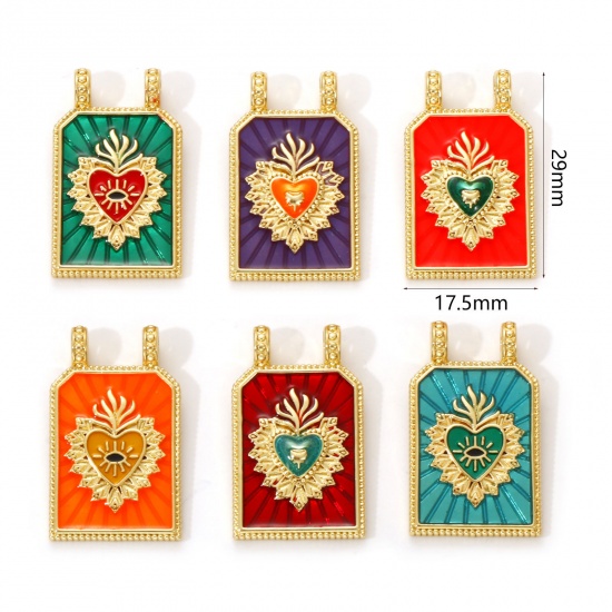 Image de 1 Piece Eco-friendly Brass Religious Charms 18K Real Gold Plated Enamel Hexagon Ex Voto Heart 29mm x 17.5mm
