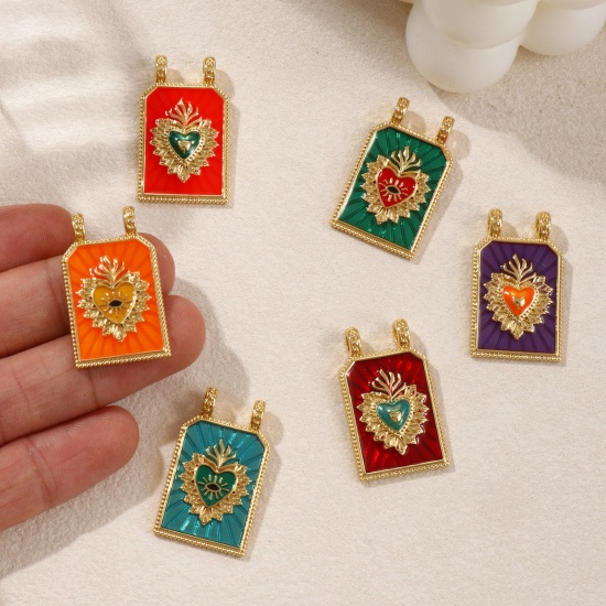 Image de 1 Piece Eco-friendly Brass Religious Charms 18K Real Gold Plated Enamel Hexagon Ex Voto Heart 29mm x 17.5mm