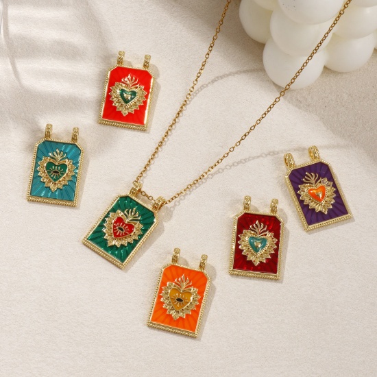 Image de 1 Piece Eco-friendly Brass Religious Charms 18K Real Gold Plated Enamel Hexagon Ex Voto Heart 29mm x 17.5mm