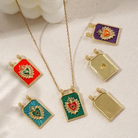 Image de 1 Piece Eco-friendly Brass Religious Charms 18K Real Gold Plated Enamel Hexagon Ex Voto Heart 29mm x 17.5mm