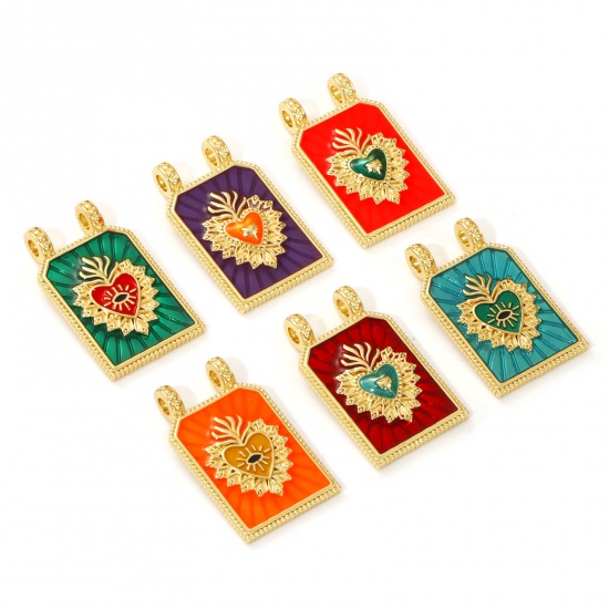Image de 1 Piece Eco-friendly Brass Religious Charms 18K Real Gold Plated Enamel Hexagon Ex Voto Heart 29mm x 17.5mm