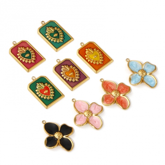 Изображение 2 PCs Eco-friendly PVD Vacuum Plating 304 Stainless Steel Charms 18K Real Gold Plated Multicolor Enamel Flower Ex Voto Heart