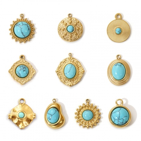 Picture of Eco-friendly PVD Vacuum Plating 304 Stainless Steel Boho Chic Bohemia Charms 18K Real Gold Plated Green Blue With Resin Cabochons Imitation Turquoise