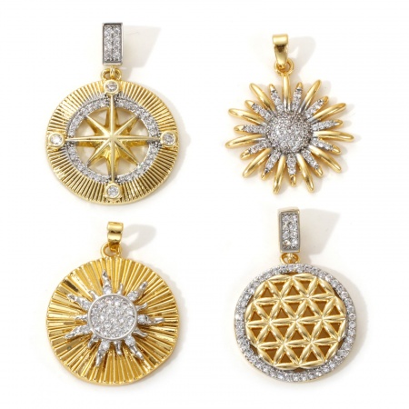 1 Piece Brass Pendants 18K Gold Plated & Platinum Plated Two Tone Sunflower Star Micro Pave Clear Cubic Zirconia