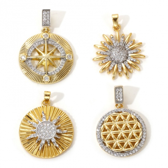 Bild von 1 Piece Brass Pendants 18K Gold Plated & Platinum Plated Two Tone Sunflower Star Micro Pave Clear Cubic Zirconia