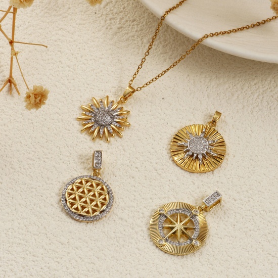Bild von 1 Piece Brass Pendants 18K Gold Plated & Platinum Plated Two Tone Sunflower Star Micro Pave Clear Cubic Zirconia