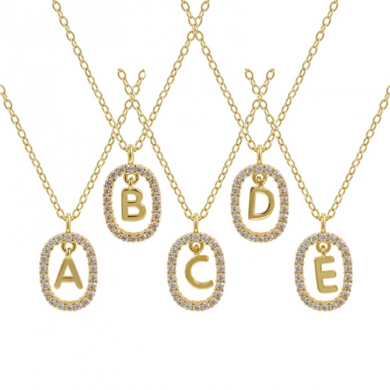 Imagen de 18K Oro Real Chapado Cadena de Cable Cruz Óvalo Collar con Colgante, Latón 46cm + 6cm, Para Mujeres, Claro Circón Artificial Mayúscula Letra Mensaje " A-Z " Movible, Exquisito Elegante Regalo, Respetuoso del Medio Ambiente, 1 Unidad