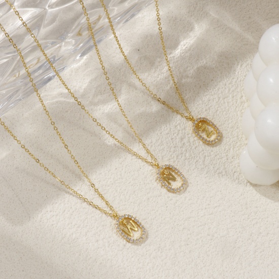 Imagen de 18K Oro Real Chapado Cadena de Cable Cruz Óvalo Collar con Colgante, Latón 46cm + 6cm, Para Mujeres, Claro Circón Artificial Mayúscula Letra Mensaje " A-Z " Movible, Exquisito Elegante Regalo, Respetuoso del Medio Ambiente, 1 Unidad