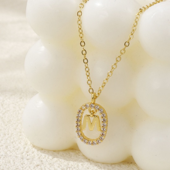 Imagen de 18K Oro Real Chapado Cadena de Cable Cruz Óvalo Collar con Colgante, Latón 46cm + 6cm, Para Mujeres, Claro Circón Artificial Mayúscula Letra Mensaje " A-Z " Movible, Exquisito Elegante Regalo, Respetuoso del Medio Ambiente, 1 Unidad