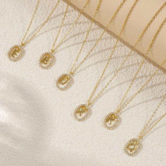 Imagen de 18K Oro Real Chapado Cadena de Cable Cruz Óvalo Collar con Colgante, Latón 46cm + 6cm, Para Mujeres, Claro Circón Artificial Mayúscula Letra Mensaje " A-Z " Movible, Exquisito Elegante Regalo, Respetuoso del Medio Ambiente, 1 Unidad