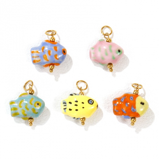 Picture of Eco-friendly PVD Vacuum Plating 304 Stainless Steel & Ceramic Ocean Jewelry Charms 18K Gold Plated Fish Animal Painted 25mm x 18mm