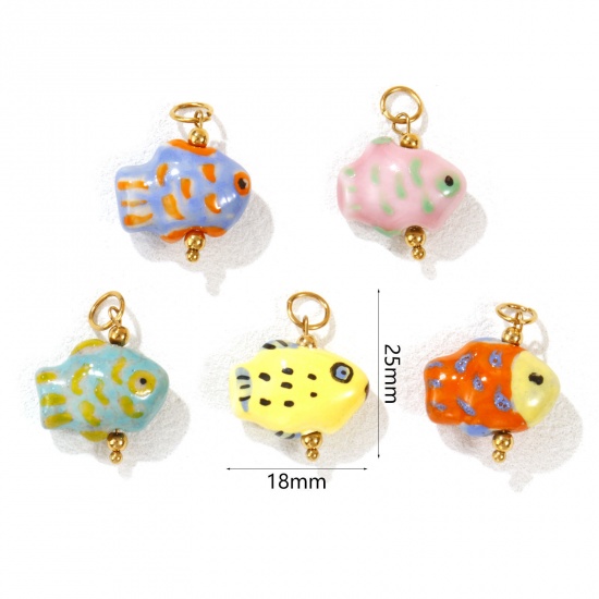 Picture of Eco-friendly PVD Vacuum Plating 304 Stainless Steel & Ceramic Ocean Jewelry Charms 18K Gold Plated Fish Animal Painted 25mm x 18mm