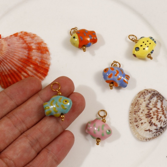 Picture of Eco-friendly PVD Vacuum Plating 304 Stainless Steel & Ceramic Ocean Jewelry Charms 18K Gold Plated Fish Animal Painted 25mm x 18mm