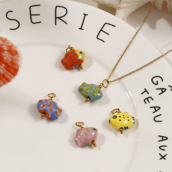 Picture of Eco-friendly PVD Vacuum Plating 304 Stainless Steel & Ceramic Ocean Jewelry Charms 18K Gold Plated Fish Animal Painted 25mm x 18mm