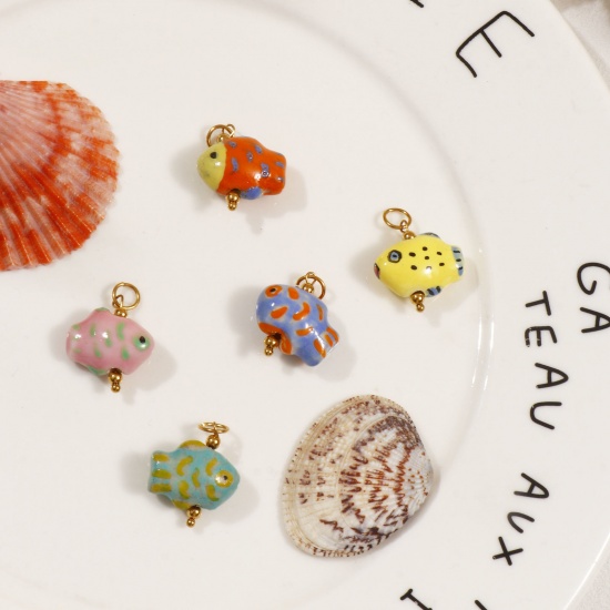 Picture of Eco-friendly PVD Vacuum Plating 304 Stainless Steel & Ceramic Ocean Jewelry Charms 18K Gold Plated Fish Animal Painted 25mm x 18mm