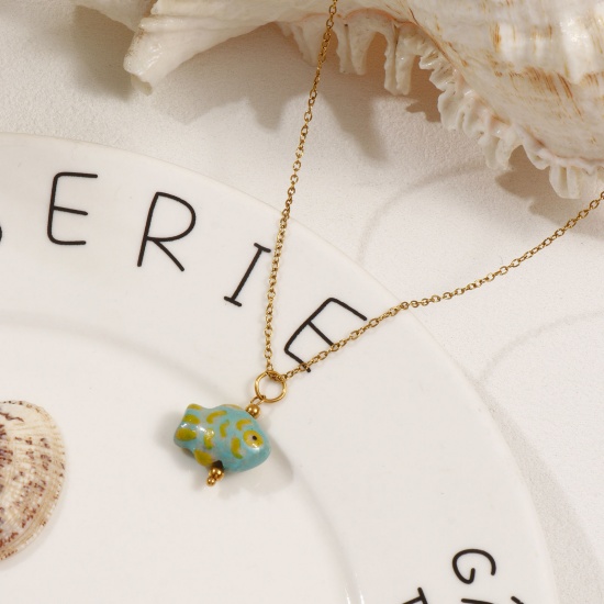 Picture of Eco-friendly PVD Vacuum Plating 304 Stainless Steel & Ceramic Ocean Jewelry Charms 18K Gold Plated Fish Animal Painted 25mm x 18mm