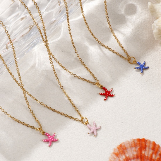 Immagine di 18K Vero Oro Placcato Catena a Cavo Stella di Mare Collana con Ciondolo, 304 Acciaio Inossidabile 45cm + 5cm, Per Donne, Polka Dot Smalto Squisito Gioielli Oceanici Regalo, Placcatura Sottovuoto PVD Ecologica, 1 Pz