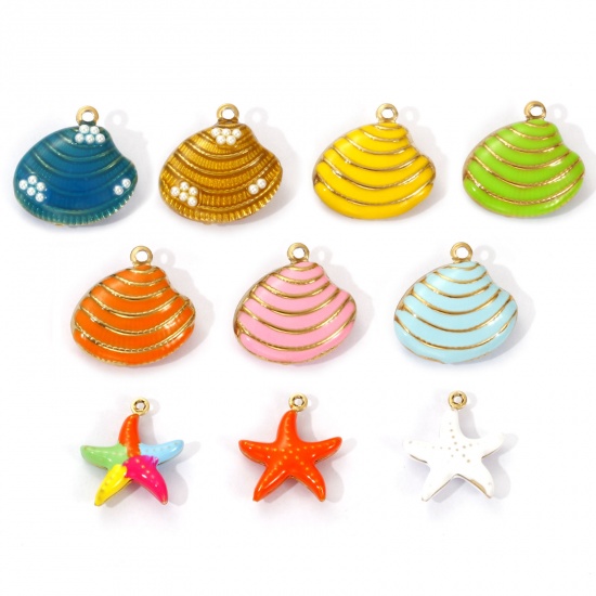 Изображение 1 Piece Eco-friendly PVD Vacuum Plating 304 Stainless Steel Charms 18K Real Gold Plated Enamel Shell Star Fish 3D