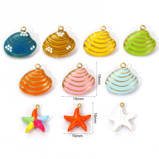 Изображение 1 Piece Eco-friendly PVD Vacuum Plating 304 Stainless Steel Charms 18K Real Gold Plated Enamel Shell Star Fish 3D