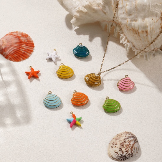 Изображение 1 Piece Eco-friendly PVD Vacuum Plating 304 Stainless Steel Charms 18K Real Gold Plated Enamel Shell Star Fish 3D