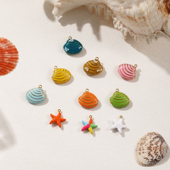 Изображение 1 Piece Eco-friendly PVD Vacuum Plating 304 Stainless Steel Charms 18K Real Gold Plated Enamel Shell Star Fish 3D