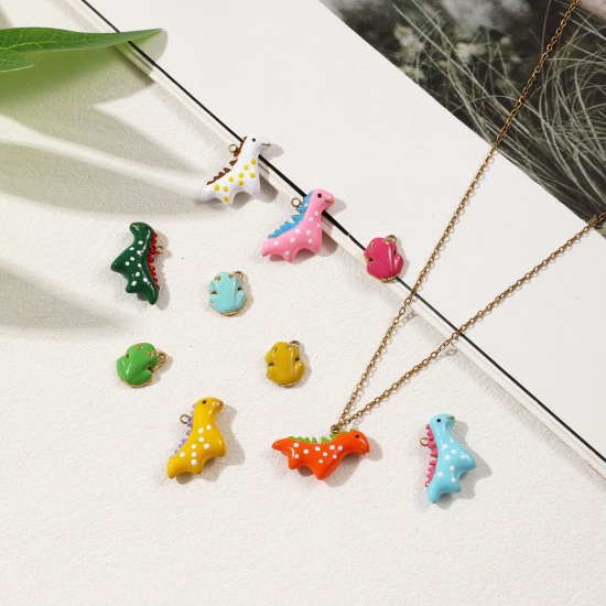 Bild von 1 Piece Eco-friendly PVD Vacuum Plating 304 Stainless Steel Charms 18K Real Gold Plated Enamel Dinosaur Animal Frog 3D