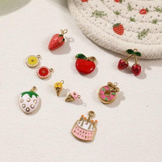 Image de 1 Piece Eco-friendly PVD Vacuum Plating 304 Stainless Steel Charms 18K Real Gold Plated Enamel Cake Fruit