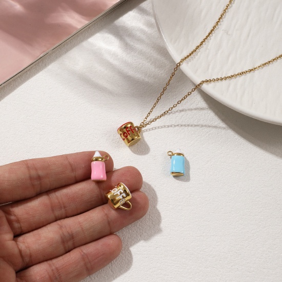 1 Piece Eco-friendly PVD Vacuum Plating 304 Stainless Steel Charms 18K Real Gold Plated Enamel Milk Bottle Cup 3D の画像