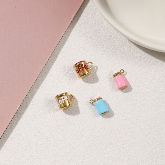 1 Piece Eco-friendly PVD Vacuum Plating 304 Stainless Steel Charms 18K Real Gold Plated Enamel Milk Bottle Cup 3D の画像