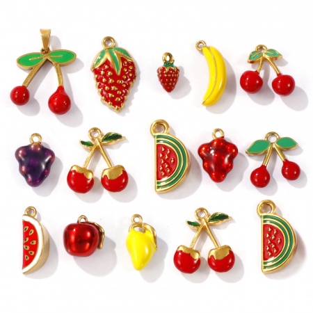 Immagine di 1 Pz Placcatura Sottovuoto PVD Ecologica 304 Acciaio Inossidabile 3D Ciondoli Placcato Oro 18K Frutta Smalto